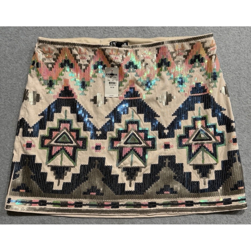 Express Aztec Pattern Sequin Stretch Medium Skirt Aurora Boho Bodycon Size M